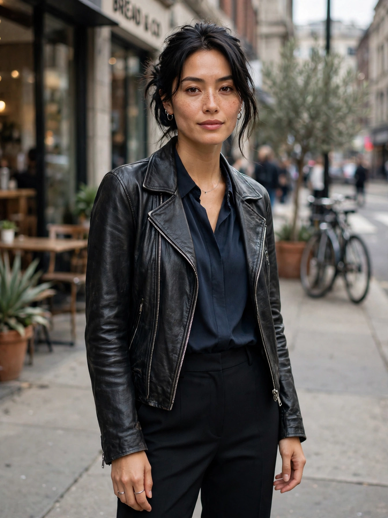 Dress for your real life. Full head-to-toe edge works for a night out; for daytime, try edgy accents — boots with a midi dress, a leather jacket over work basics.