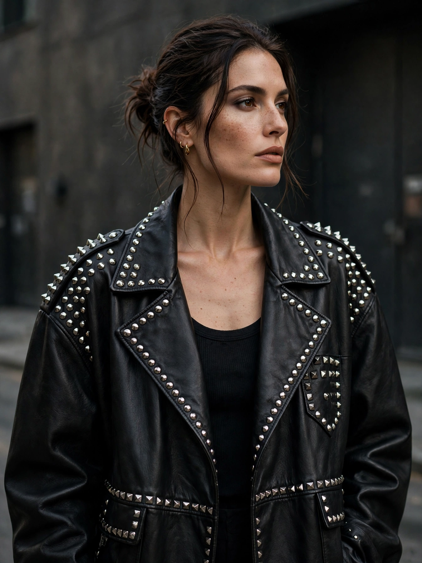 One statement piece per outfit. The leather jacket OR the fishnets OR the heavy boots as the hero — not all three at full volume. Let one piece lead.