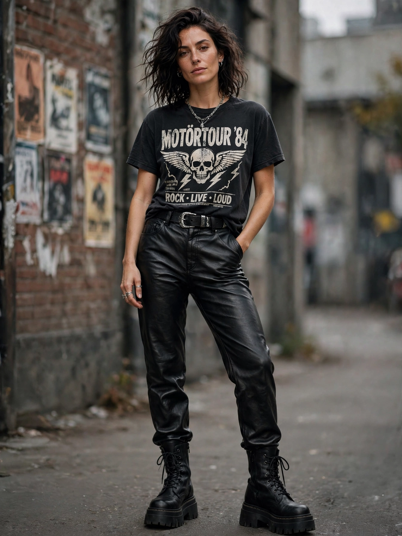 The band tee, elevated. A vintage-style band or graphic tee tucked into leather trousers or a mini skirt with boots is the classic edgy uniform — casual, cool, and endlessly repeatable.