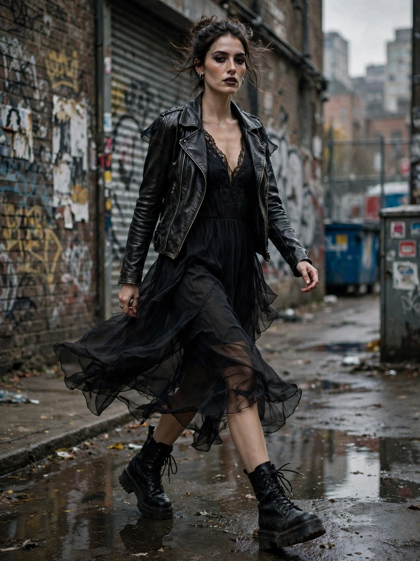 Combat boots or chunky boots. Heavy boots ground every edgy outfit. They toughen up dresses, sharpen jeans, and add literal and figurative weight to your stride.