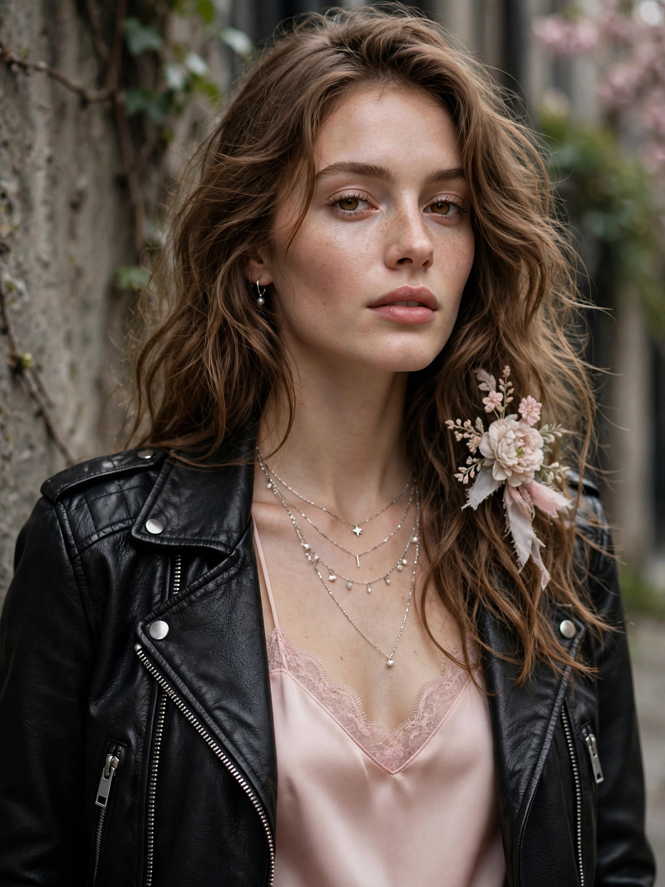 Soften with one unexpected element. A silk camisole under the moto jacket, delicate jewelry with combat boots, or soft waves with a sharp outfit keeps the look multidimensional.