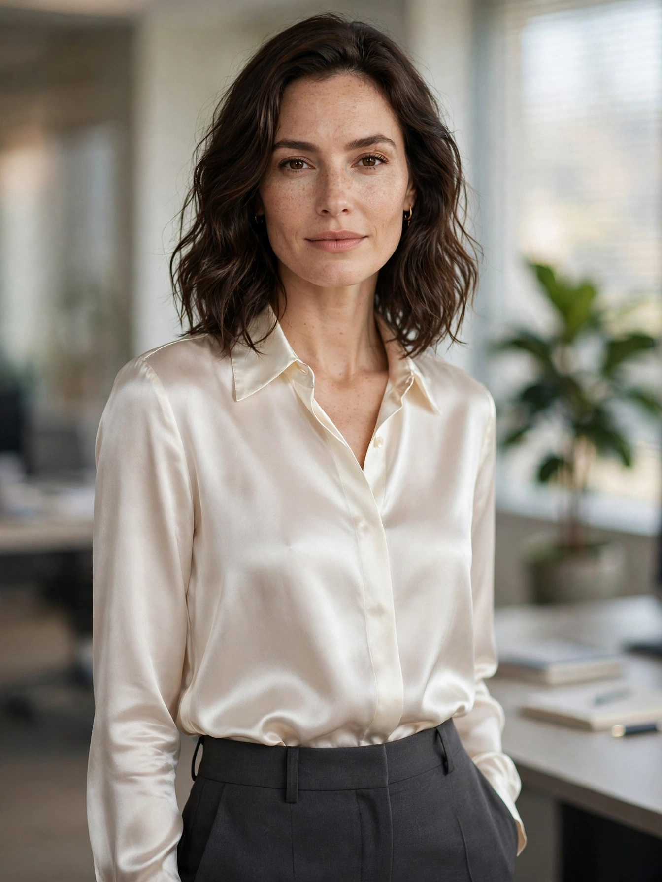 Silk or satin blouses. For days that need a softer touch, a silk blouse in ivory, blush, or champagne elevates trousers or a skirt instantly.
