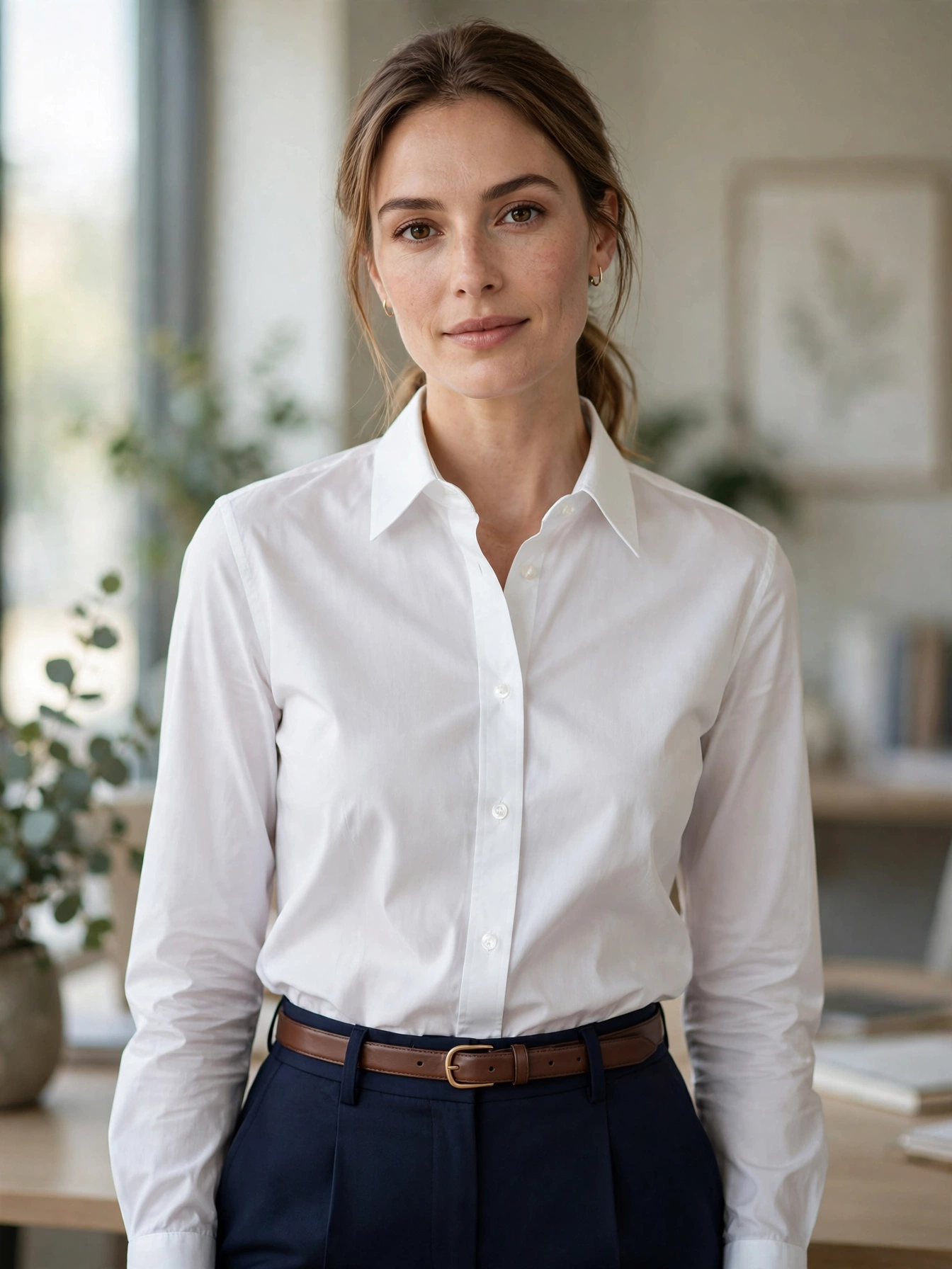 Crisp button-down shirts. White, light blue, and subtle stripes are the workhorses of office outfit ideas. A cotton-poplin shirt with a clean collar looks polished tucked into anything.