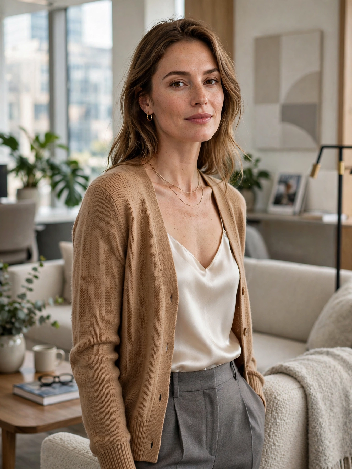 Mind your layers. A blazer over a sheath dress, a fine-knit cardigan over a camisole — layers add depth and adapt you to freezing conference rooms.