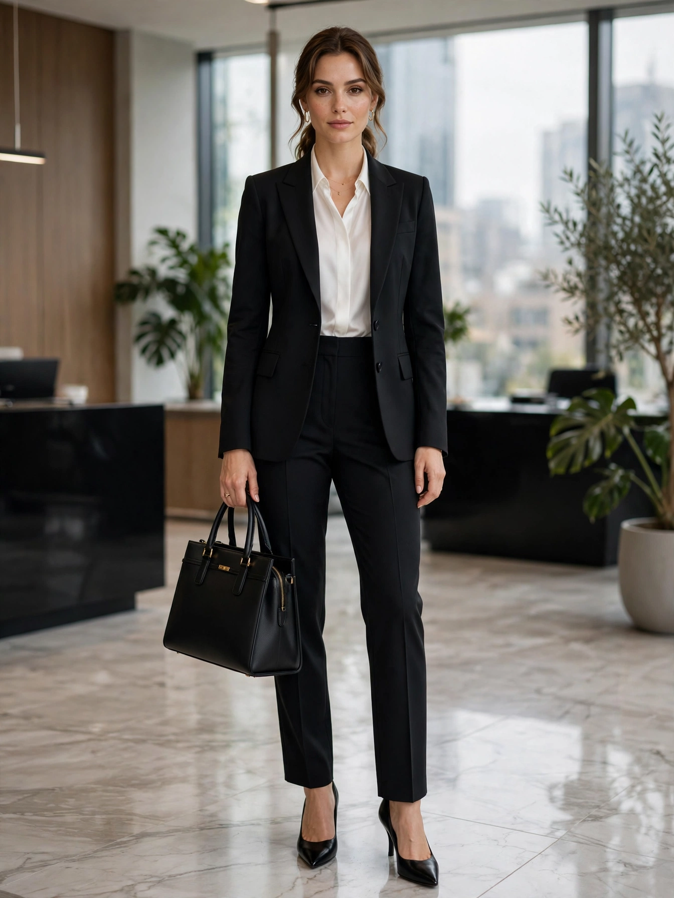 Classic closed-toe shoes. Pointed pumps, block heels, or polished loafers in nude or black finish every elegant office outfit. Keep heels at a walkable height.