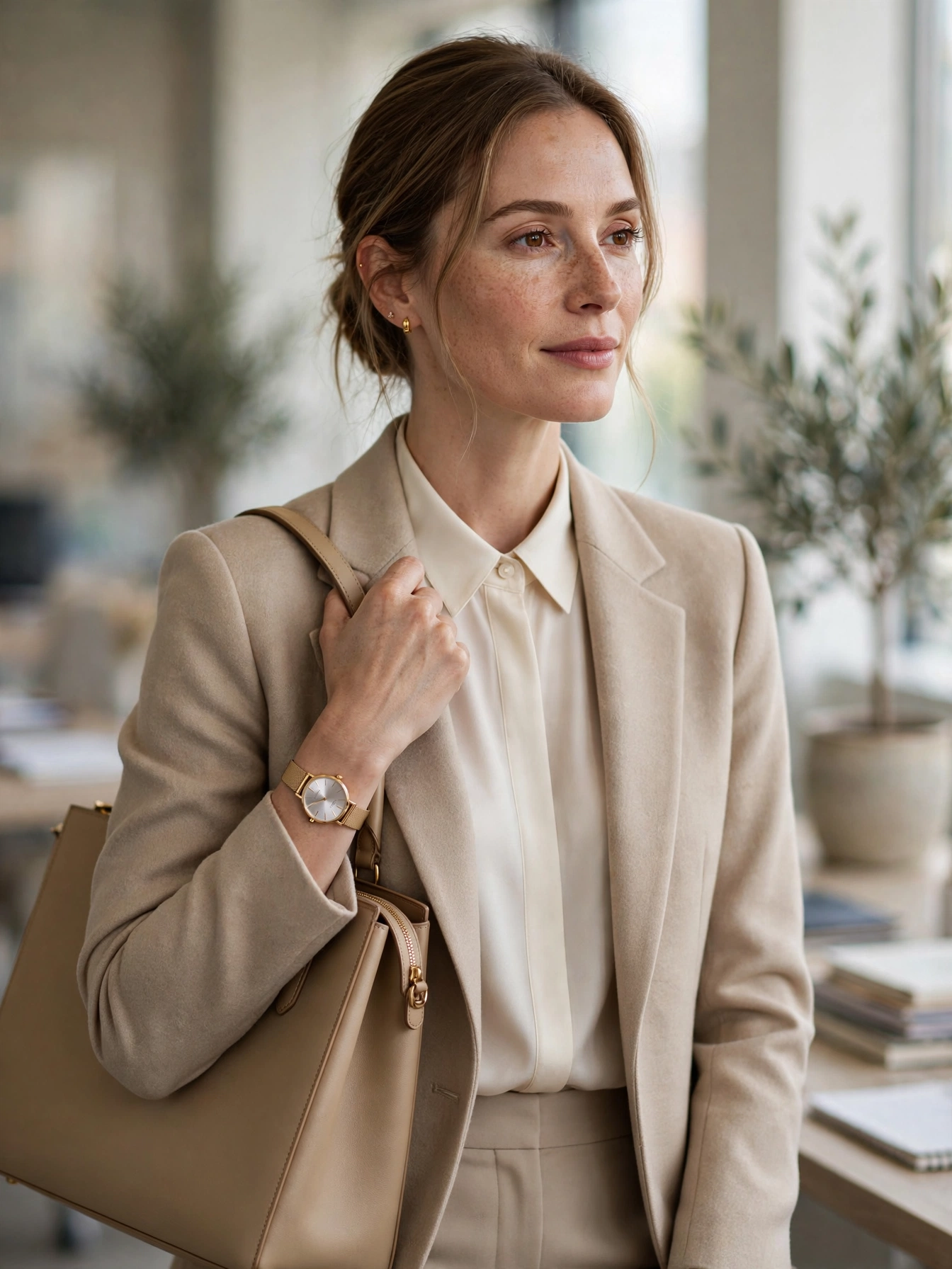 Keep accessories minimal. One refined watch, small studs or hoops, and a structured tote are all you need. Elegant office style whispers; it never shouts.