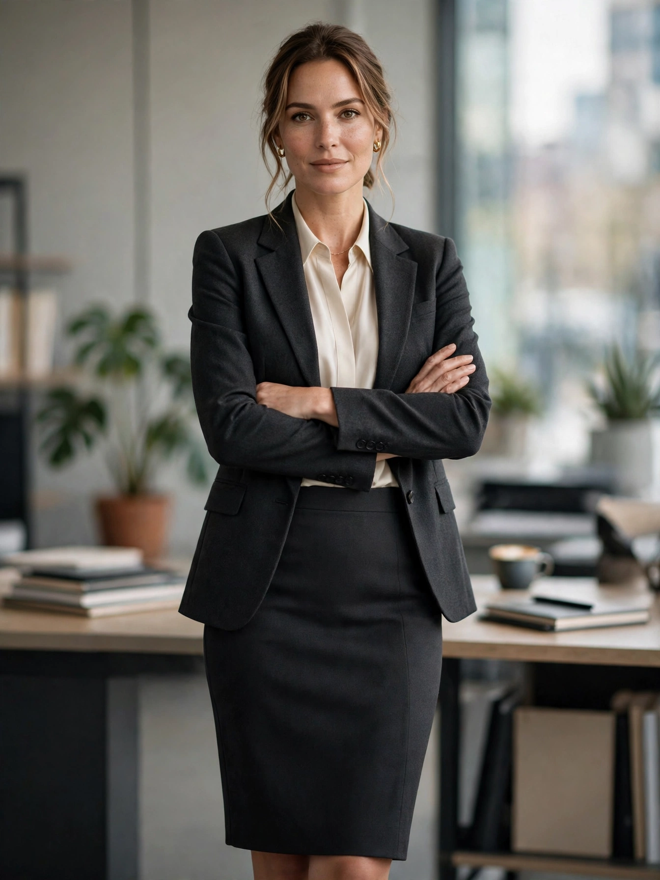The pencil skirt. Knee-length, high-waisted, in a dark neutral — the pencil skirt is the definition of elegant office wear. It pairs with blouses, knit tops, and blazers alike.