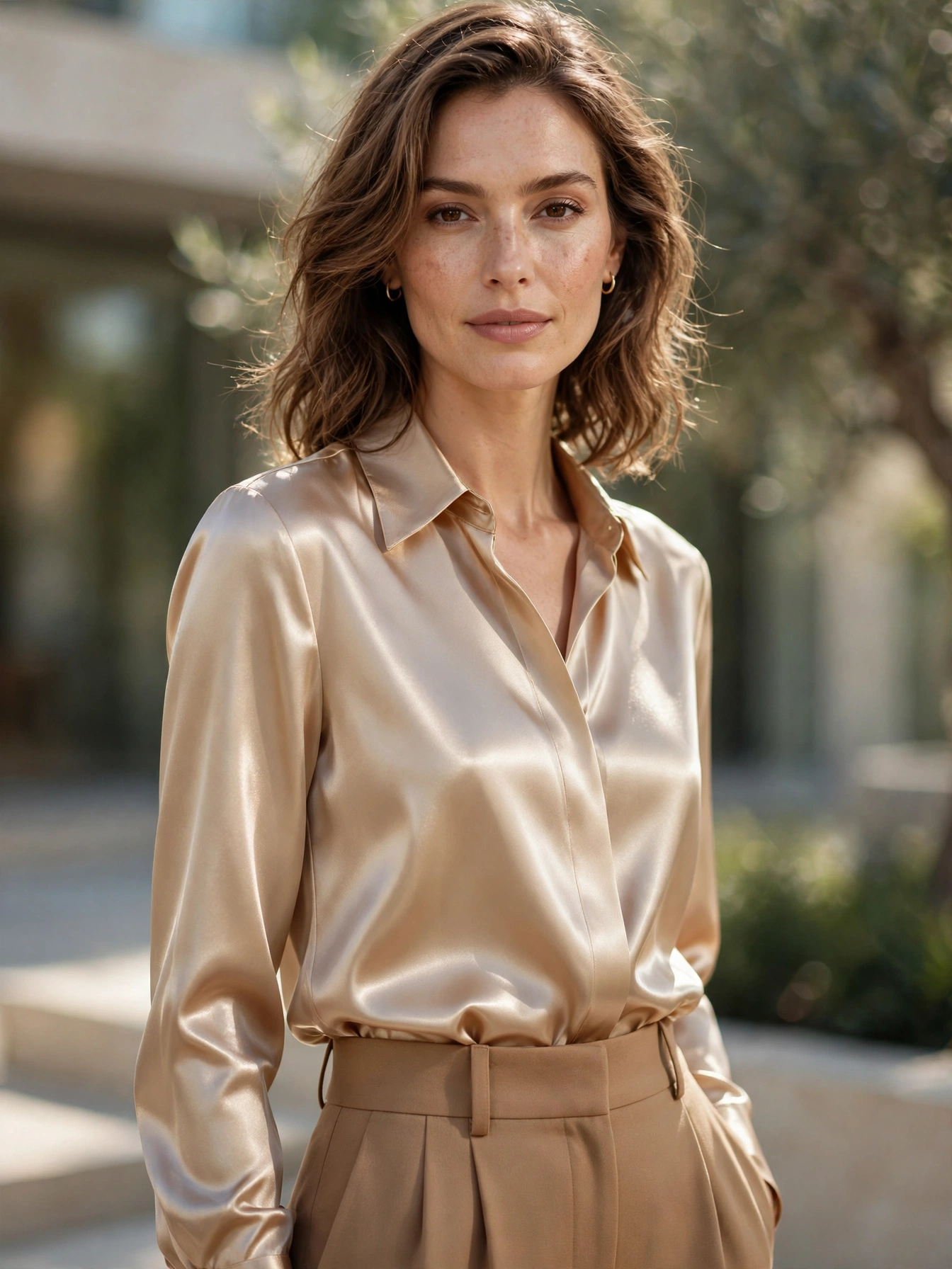 Silk or satin blouses — ivory, champagne, and soft white. They catch the light beautifully and pair with everything.
