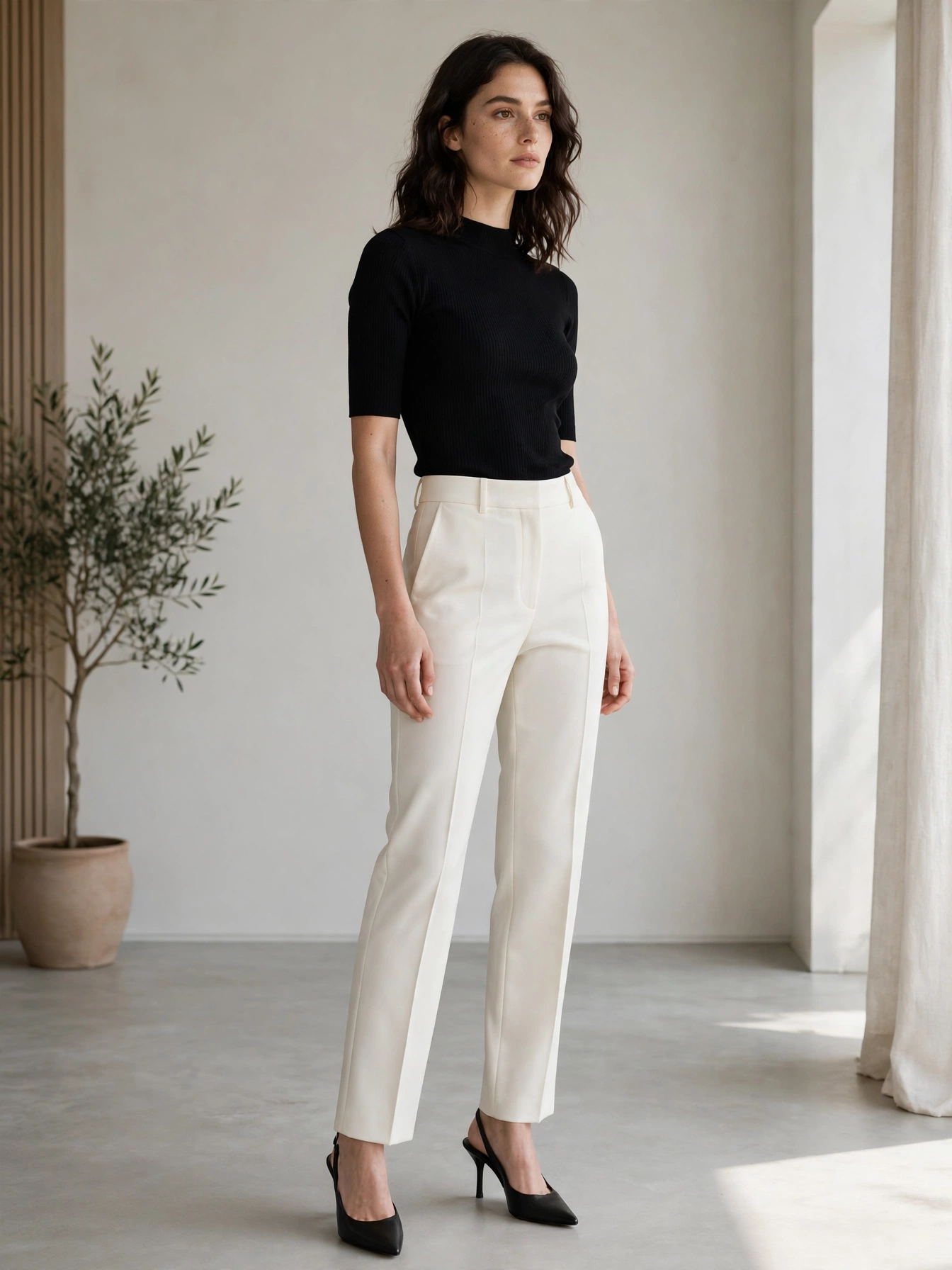 Tailored trousers — high-waisted, straight or wide-leg, in neutral tones. They elongate the leg and look refined with heels or loafers.