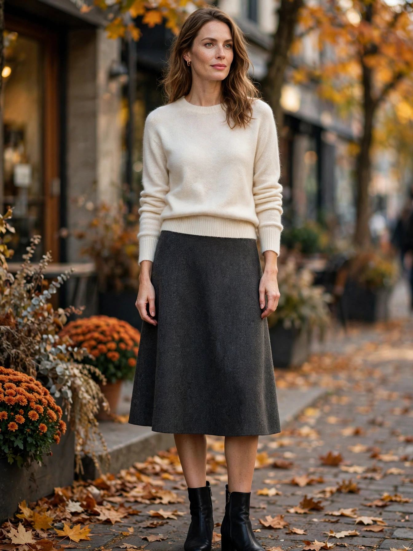 A pencil or A-line skirt — knee-length or midi, in wool, crepe, or silk blends.