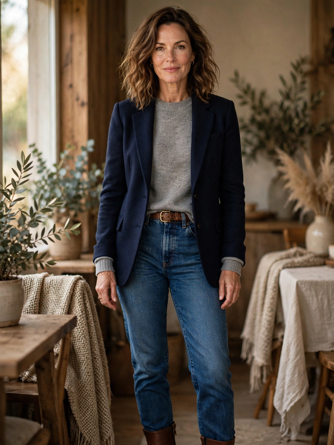 Quality knitwear. Cashmere-blend or fine merino sweaters in neutral tones elevate even the simplest jeans-and-boots combination. They also layer beautifully under blazers and coats.