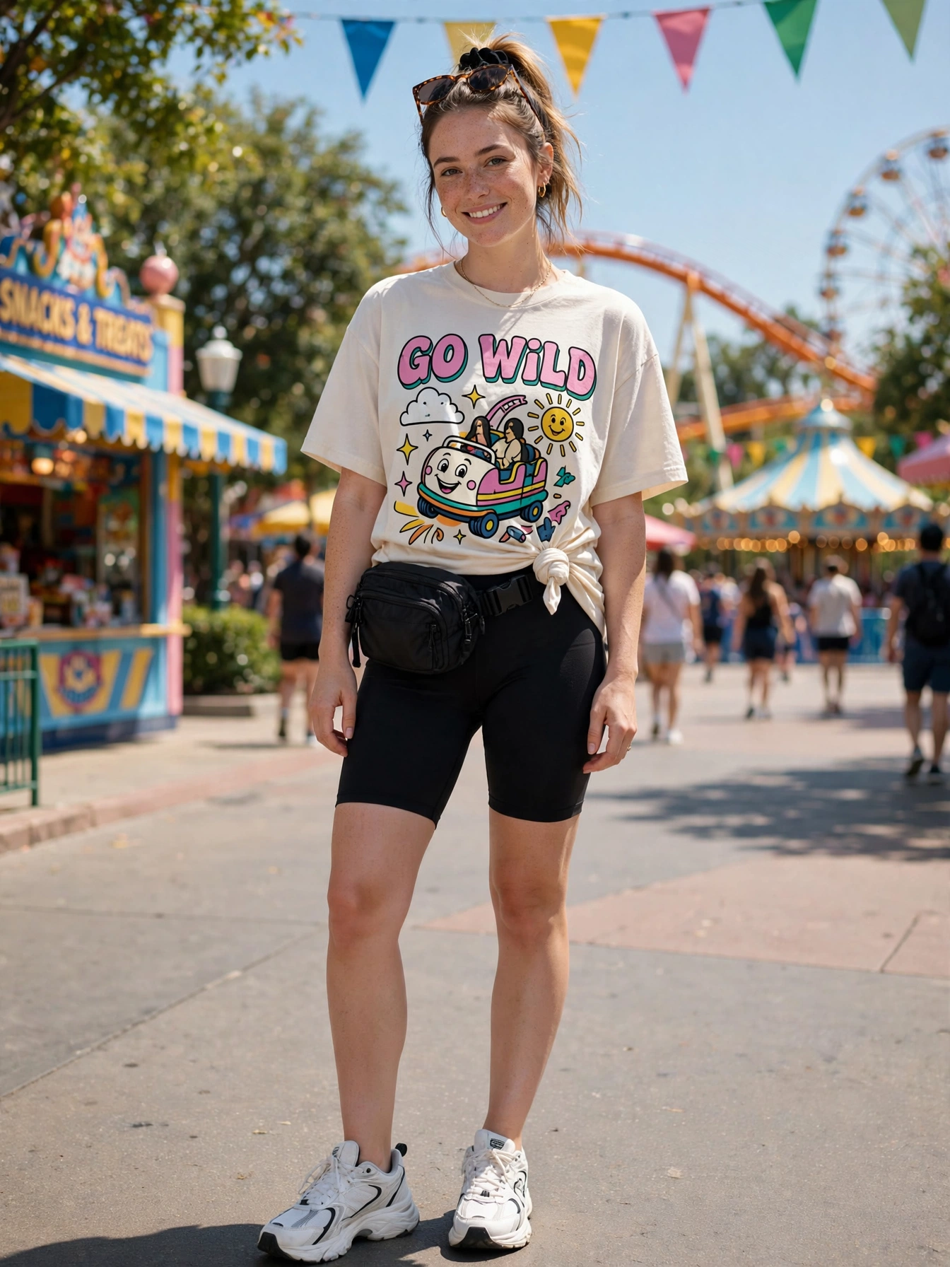 Biker shorts + oversized tee. The classic park look: comfortable biker shorts with a fun oversized graphic tee. Tie a knot at the waist for shape, and you are ready for 12 hours of magic.