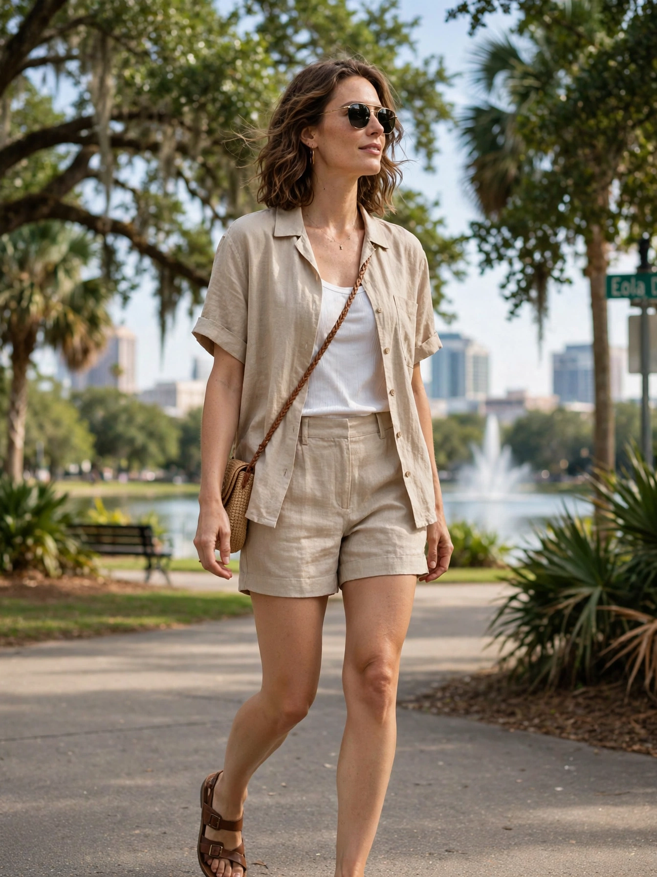 Linen shorts + relaxed button-up. For a slightly more put-together park day, linen shorts with an open short-sleeve shirt over a tank look great in photos and breathe beautifully.