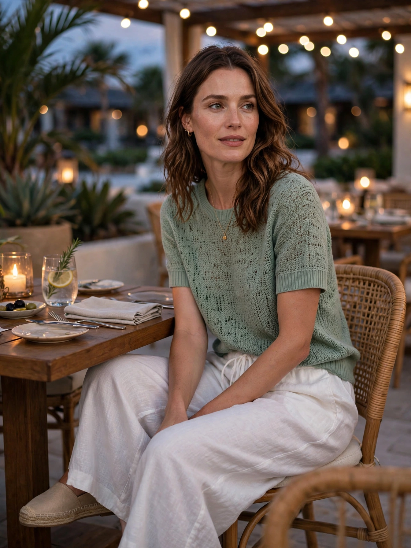 Linen pants + nice top. Wide-leg linen pants with a pretty blouse or knit top look polished for resort restaurants without sacrificing comfort after a long park day.