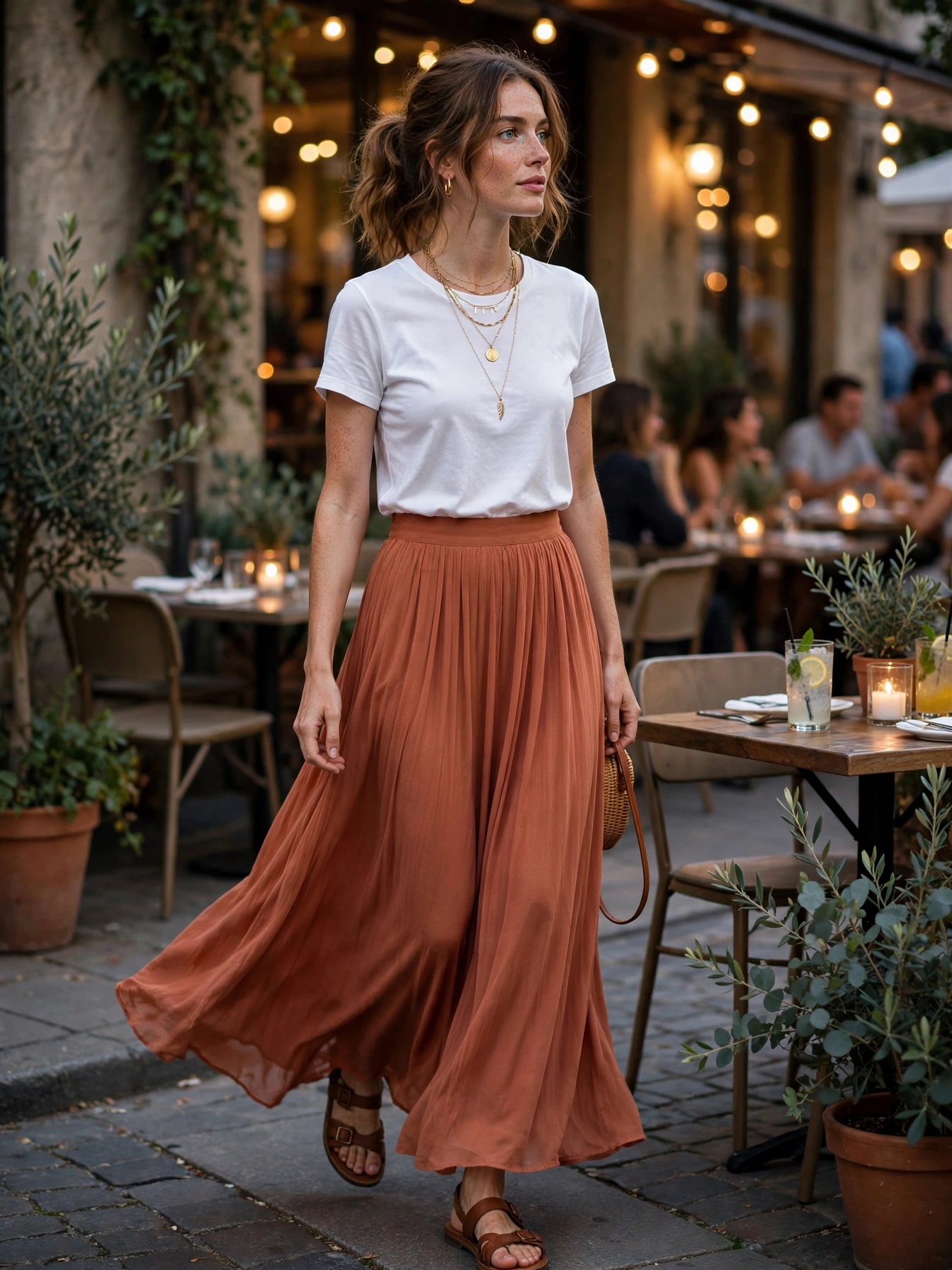 Maxi skirt + simple tee. A flowy maxi skirt with a tucked-in tee and layered necklaces is effortlessly pretty for evening strolls and outdoor dining.