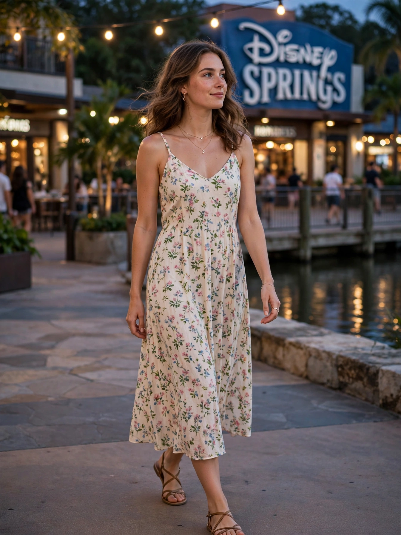 The midi sundress. A simple midi sundress with flat sandals is the perfect Disney Springs uniform — cute for photos, comfortable for strolling, and easy to dress up with jewelry.