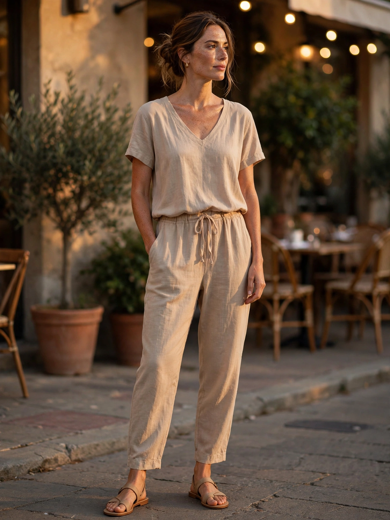 The casual jumpsuit. A soft jersey or linen jumpsuit is a one-and-done evening outfit that feels like pajamas but looks intentional — ideal for tired feet and full hearts.