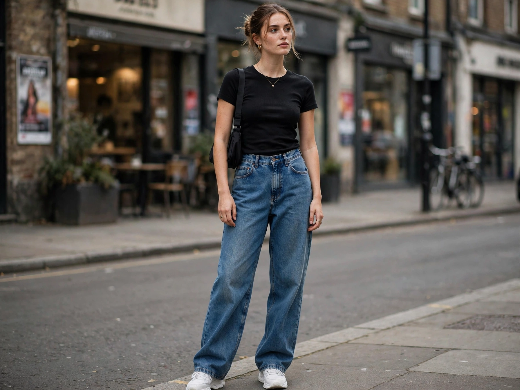 Baggy jeans, fitted top.