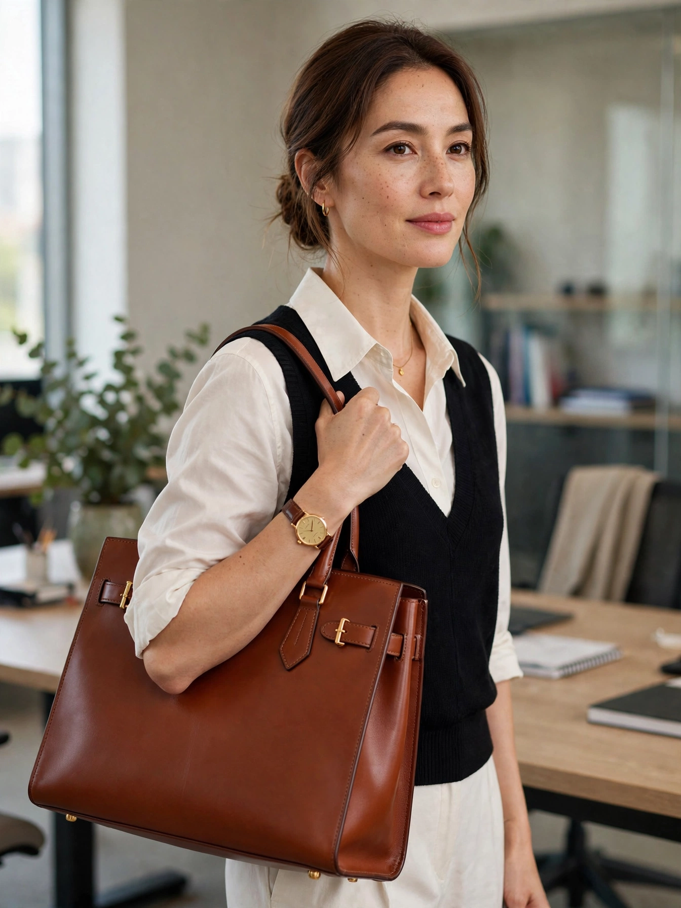Add one polished accessory. A structured tote, a classic watch, or simple jewelry signals intention. Business casual fails when every detail is casual.