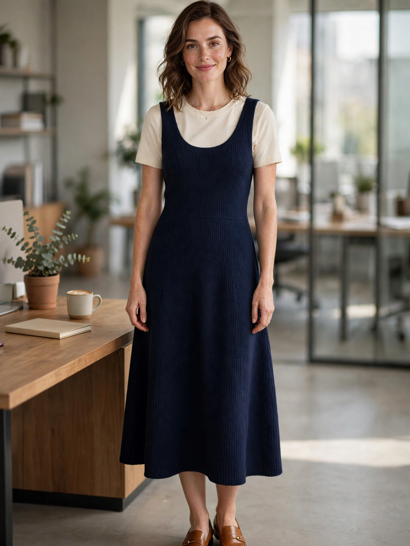 Midi skirts and dresses. A knit midi dress or an A-line skirt with a tucked-in top reads polished but never stiff — ideal business casual outfit ideas for warmer months.