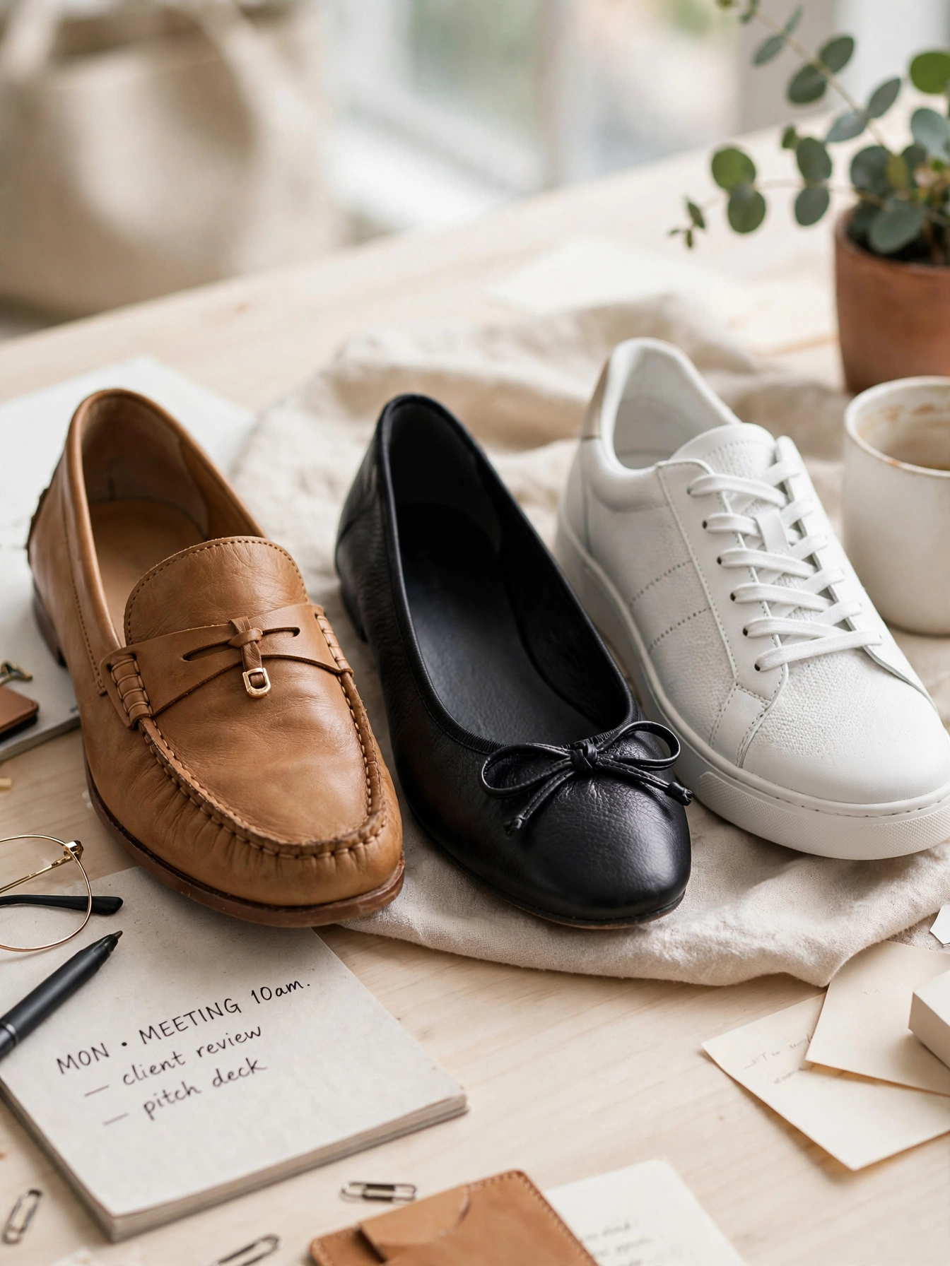 Smart flats and loafers. Loafers, ballet flats, block-heel mules, and clean white sneakers (in casual offices) keep you comfortable while looking put-together.