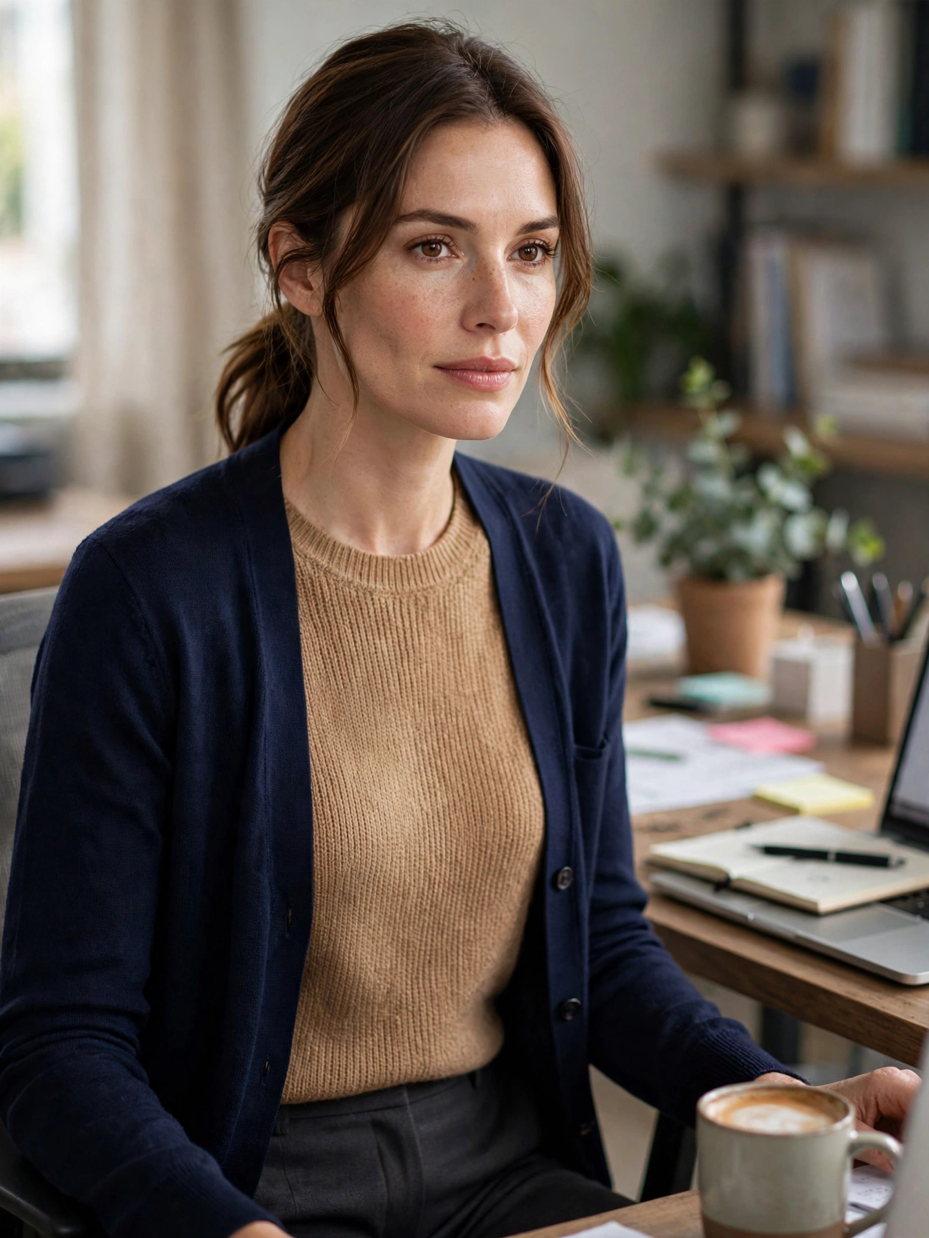 Knit tops and sweaters. Fine-gauge knits, merino sweaters, and polished cardigans bridge the gap between comfort and professionalism beautifully.