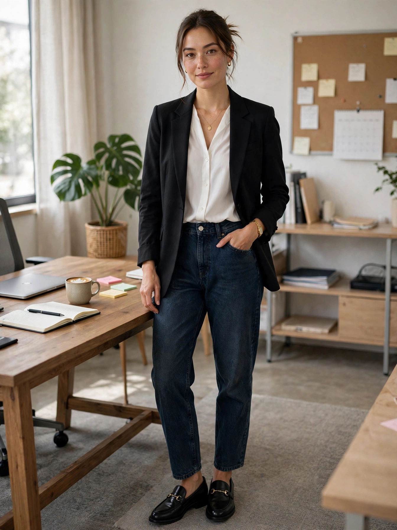 Follow the one-third rule. Aim for roughly one-third polished pieces (blazer, blouse, loafers) to two-thirds casual (jeans, knit). Adjust the ratio to your office's culture.
