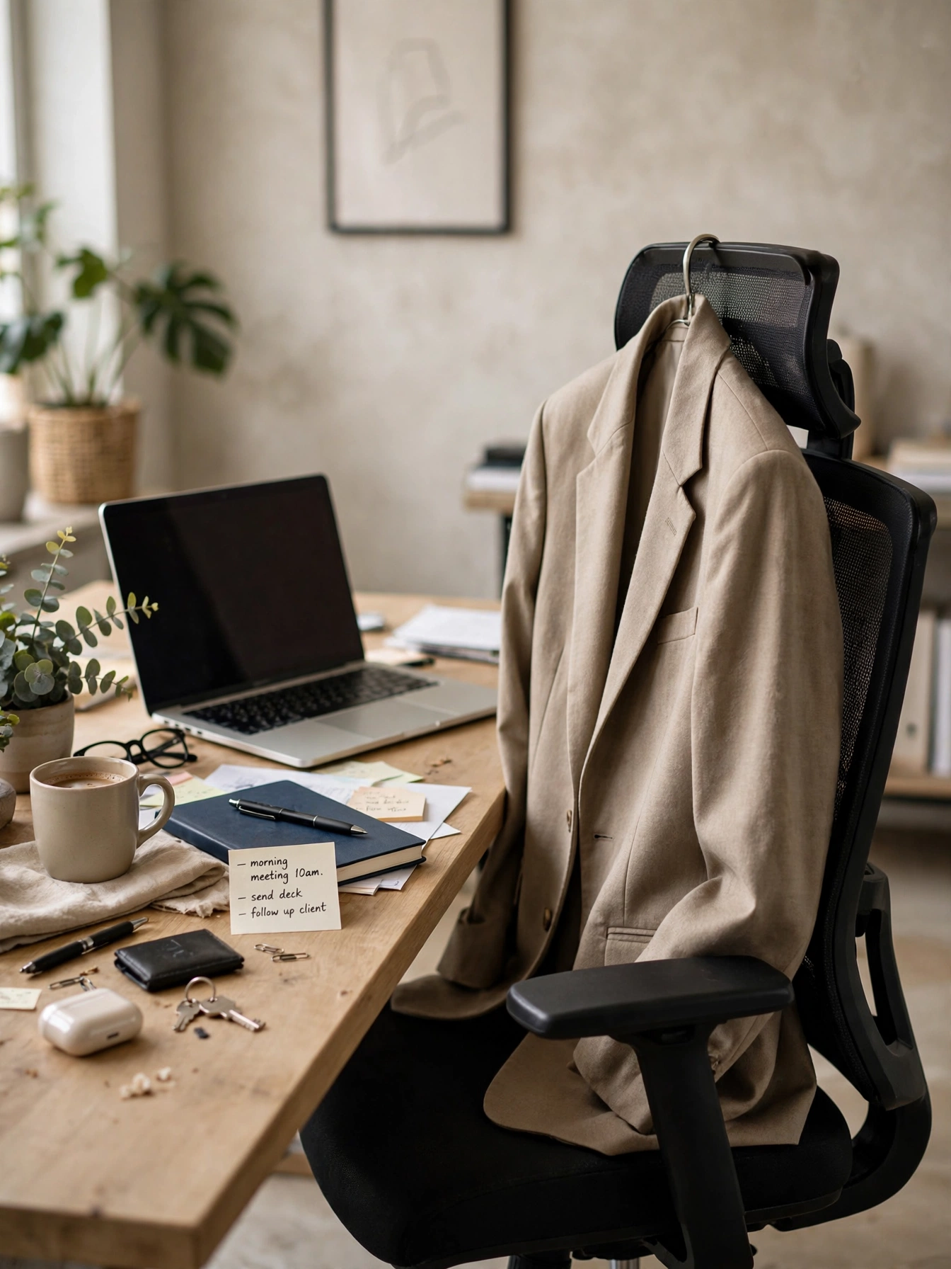 Keep a blazer at your desk. A neutral blazer hanging on your chair is an instant upgrade for surprise meetings or after-work plans. It's the business casual safety net.