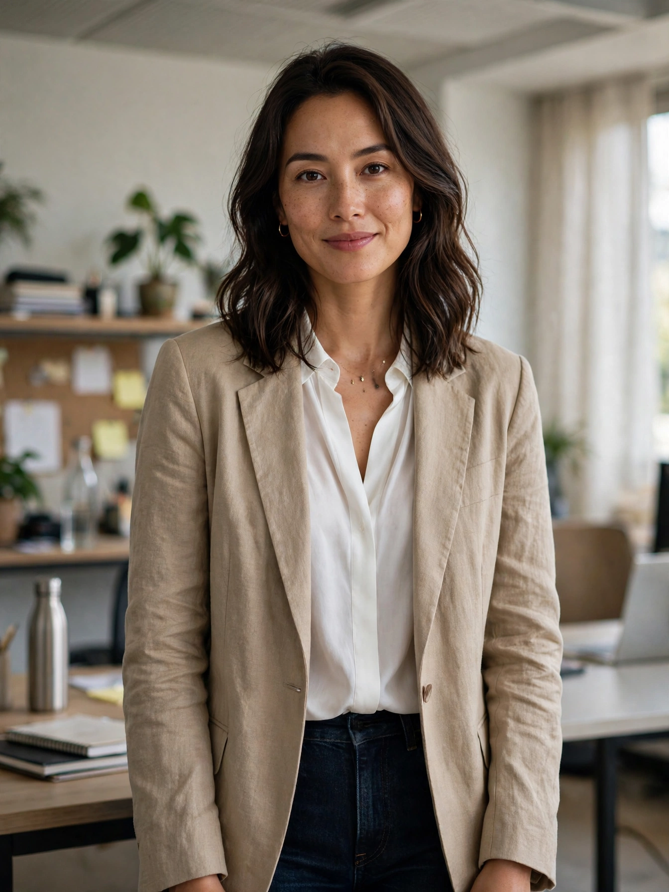 Blazers and soft jackets. An unstructured blazer is the fastest way to make jeans look office-ready. It adds structure without the formality of a full suit.