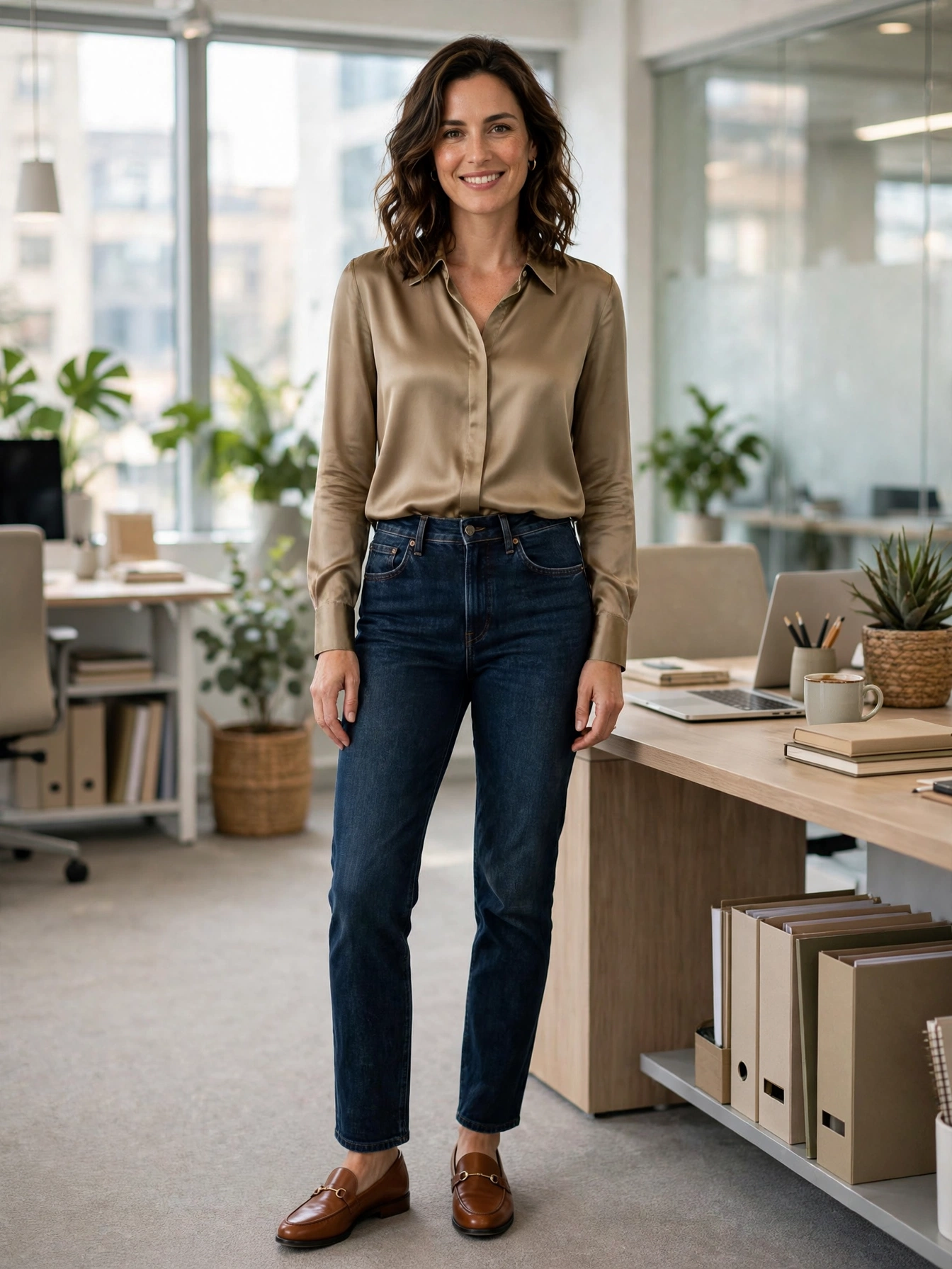 Dark jeans or chinos. Clean, dark-wash jeans with no rips or fading are business casual staples in most modern offices. Chinos in khaki, olive, or navy are an equally safe bet.