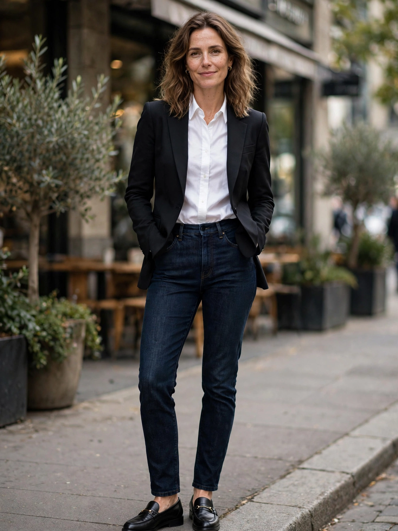 Stylish Outfit Ideas for 35 Year Old Women Dark denim + structured blazer. Many modern offices welcome dark jeans. Pair them with a sharp blazer, a crisp shirt, and loafers for a look that's professional without being stiff.