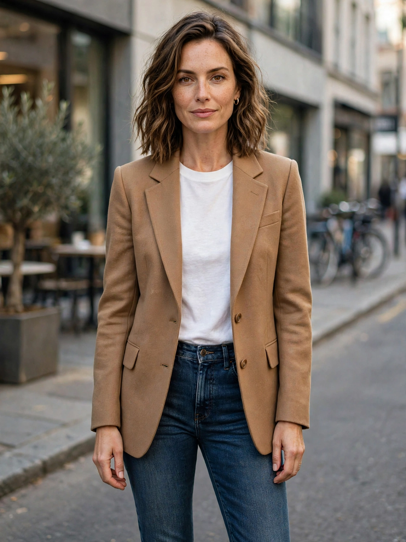 Stylish Outfit Ideas for 35 Year Old Women Dark jeans + blazer + clean sneakers. The ultimate smart-casual formula. A tailored blazer over a simple tee with dark-wash jeans looks polished, while white sneakers keep it relaxed and walkable.
