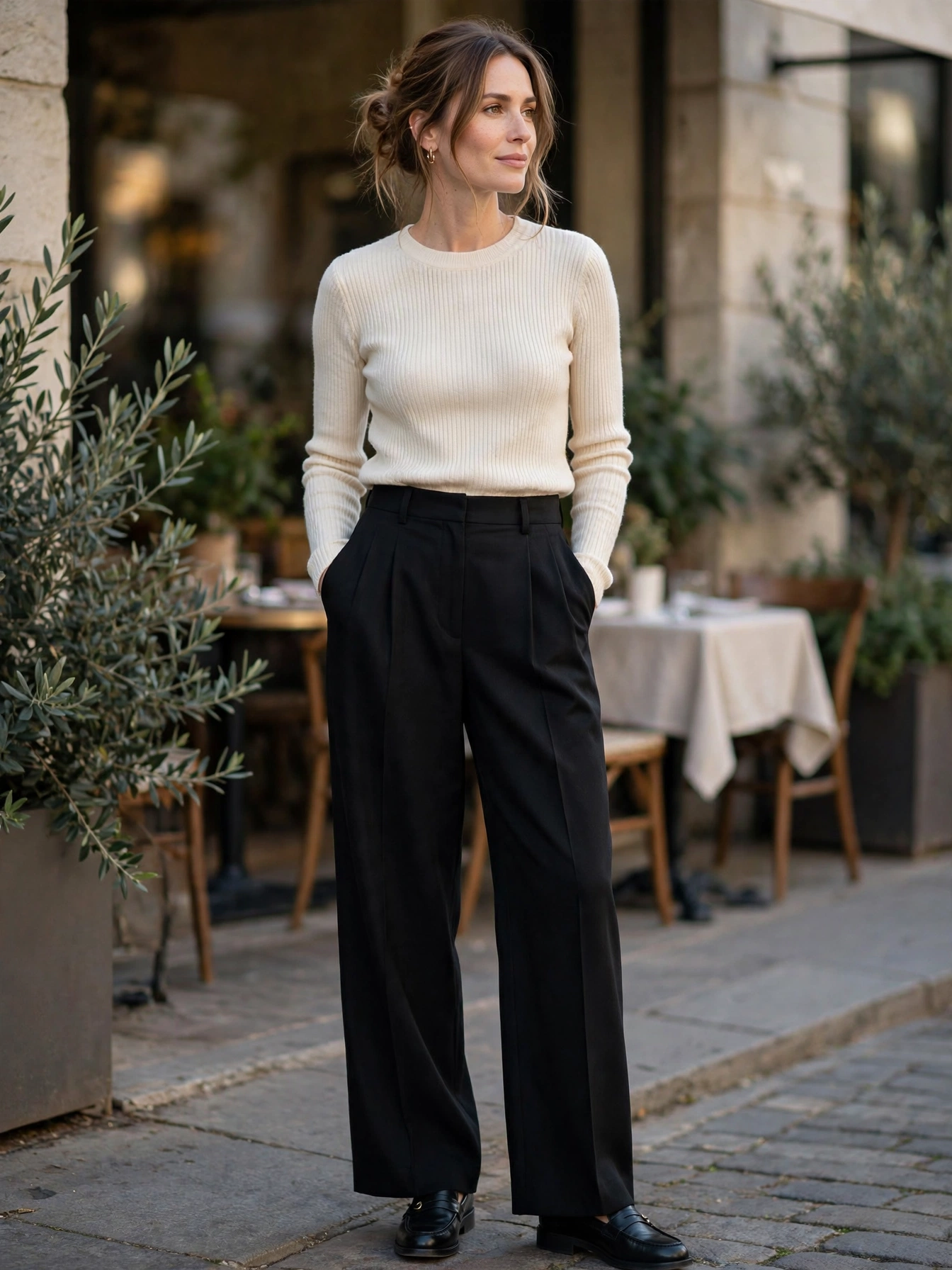 Stylish Outfit Ideas for 35 Year Old Women Wide-leg trousers + fitted knit. High-waisted trousers in black, camel, or navy paired with a tucked-in ribbed knit is comfortable, flattering, and quietly elegant.