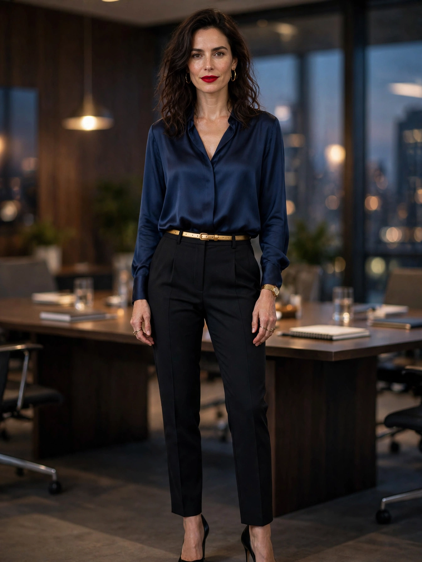 Stylish Outfit Ideas for 35 Year Old Women Tailored trousers + silk blouse. A fluid blouse tucked into high-waisted trousers is boardroom-appropriate and dinner-ready. Swap flats for heels and add a bold lip to take it into the evening.