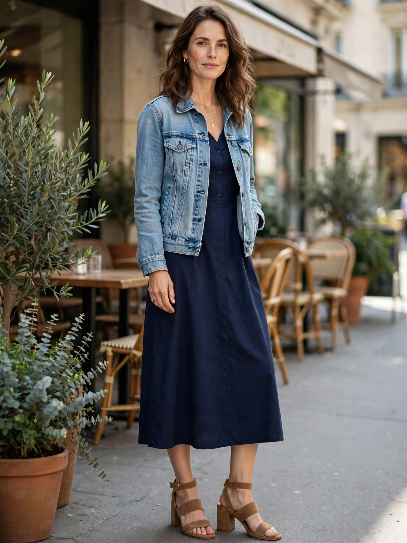 Stylish Outfit Ideas for 35 Year Old Women The midi dress + denim jacket. A midi in a solid color or subtle print works for everything from school runs to lunch dates. Throw a denim jacket over it on cooler days for an easy layered look.
