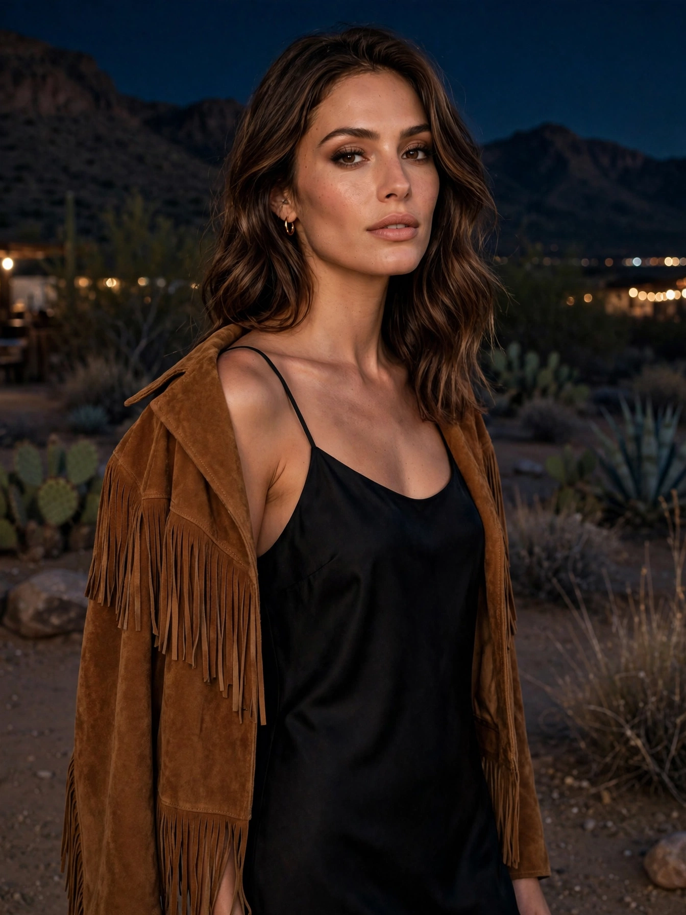 Fringe after dark. A suede fringe jacket thrown over a simple black slip dress is pure Texas evening glamour. It moves beautifully, photographs amazingly, and keeps you warm when the desert air cools down.