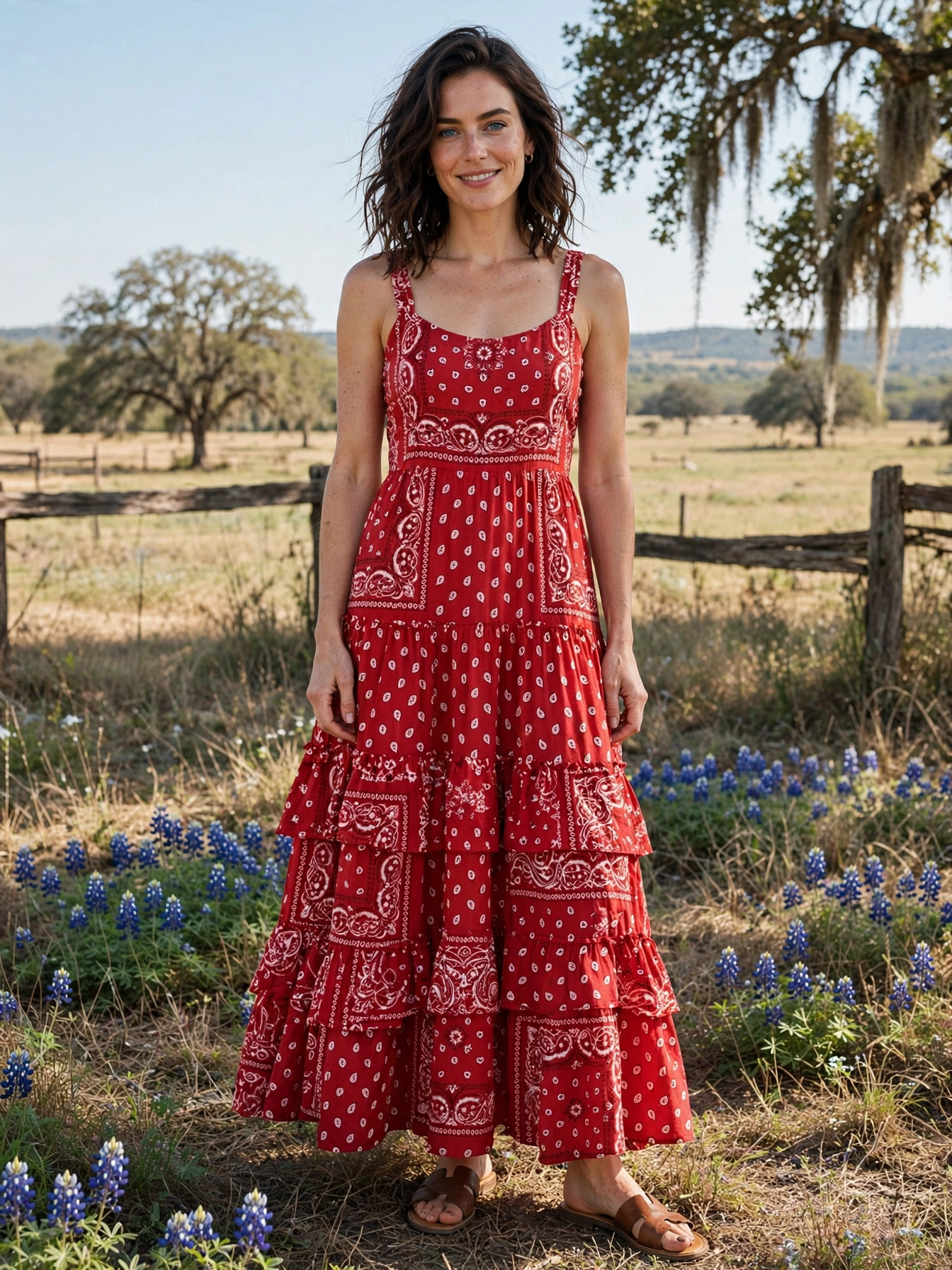 The prairie sundress. Tiered maxi dresses in bandana prints or tiny florals lean into Texas charm without looking costumey. Pair with flat sandals for daytime and swap in boots after dark.