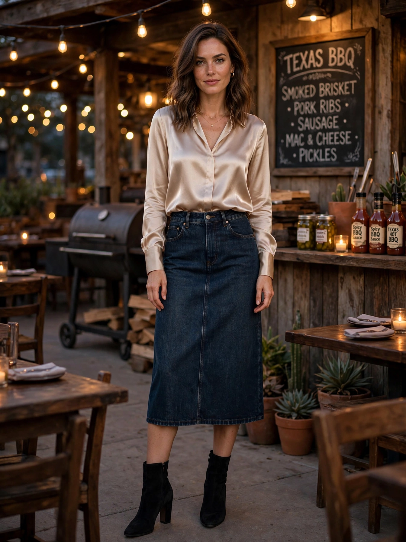 Dressy denim. A dark denim midi skirt with a tucked-in satin blouse and heeled ankle boots bridges the gap between casual and dressy. It works for upscale BBQ spots and live music venues alike.