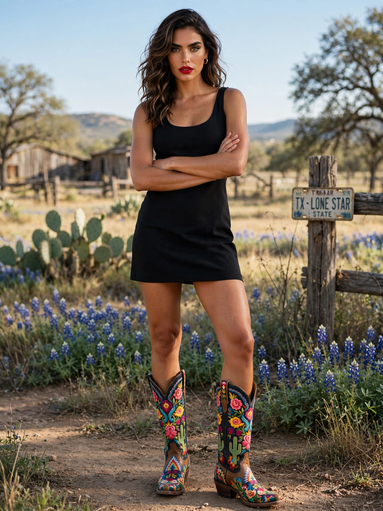 The statement boot look. Let embellished or colorful cowboy boots be the star: pair them with an otherwise simple outfit like a black mini dress or white jeans and a black top. In Texas, boots this bold need no apology.