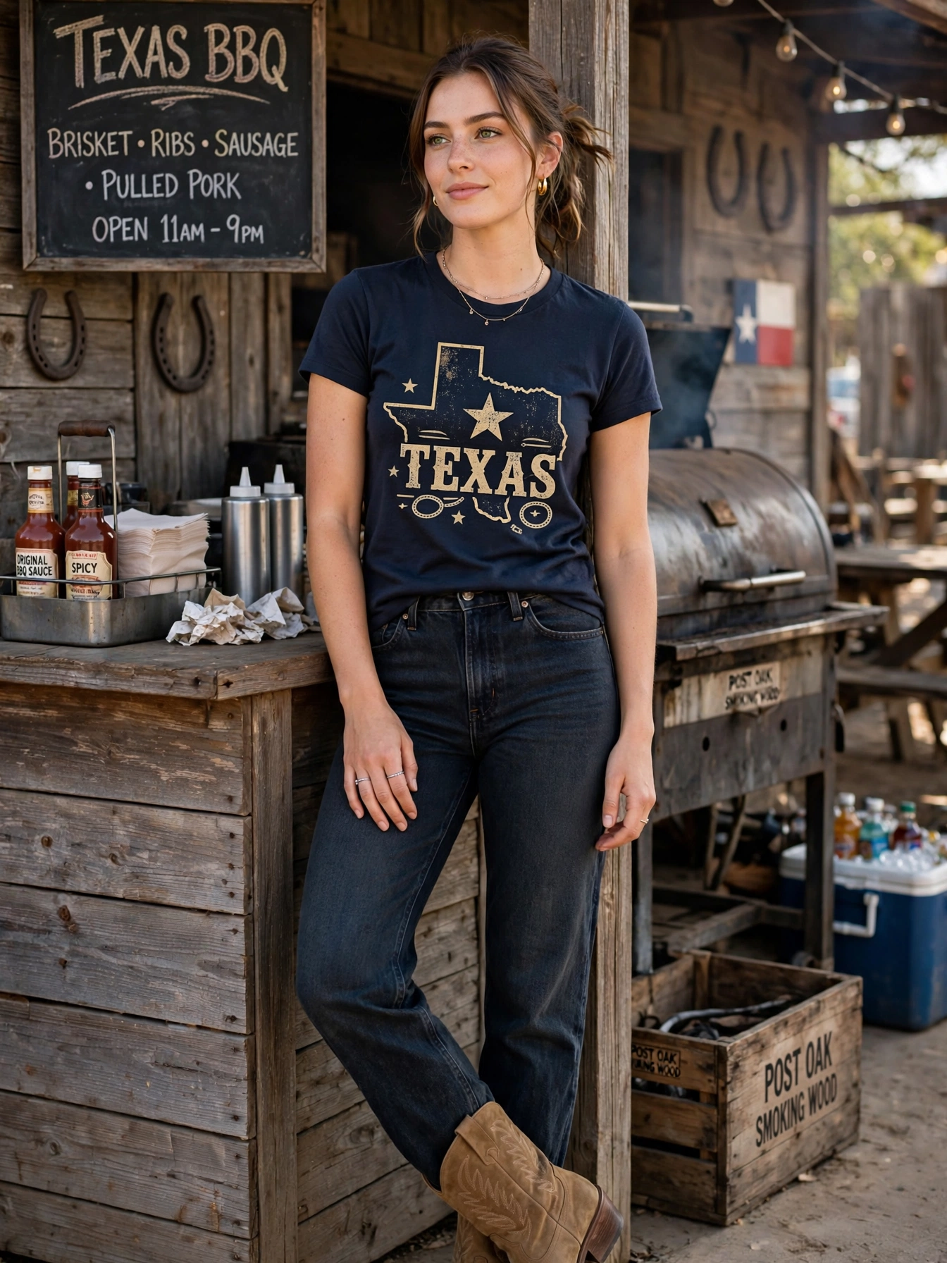 Rodeo-casual. Dark straight-leg jeans, a fitted graphic tee from a Texas brand, and ankle boots. Perfect for BBQ joints, live music venues, and anywhere the dress code is "come as you are."