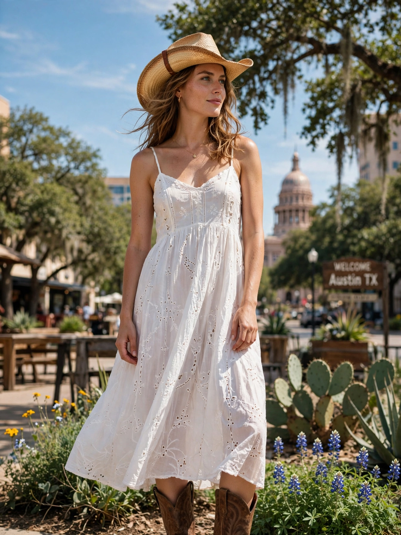 The boot-and-dress combo. A breezy midi sundress with classic leather cowboy boots is the quintessential Texas daytime look. It works for brunch in Austin, strolling the San Antonio River Walk, or browsing boutiques in Marfa. Choose a dress in a breathable fabric and boots you've already broken in.