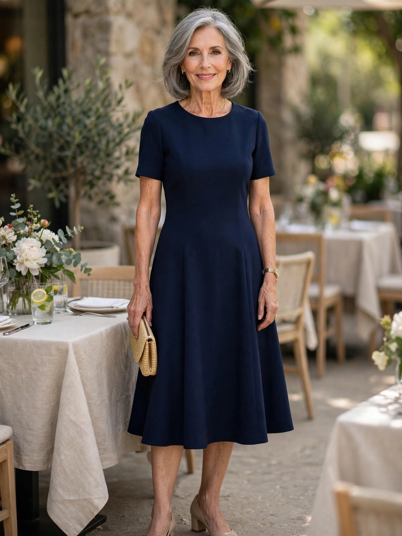 A knee-length A-line dress — skims the body beautifully and works for lunches, events, and evenings out.
