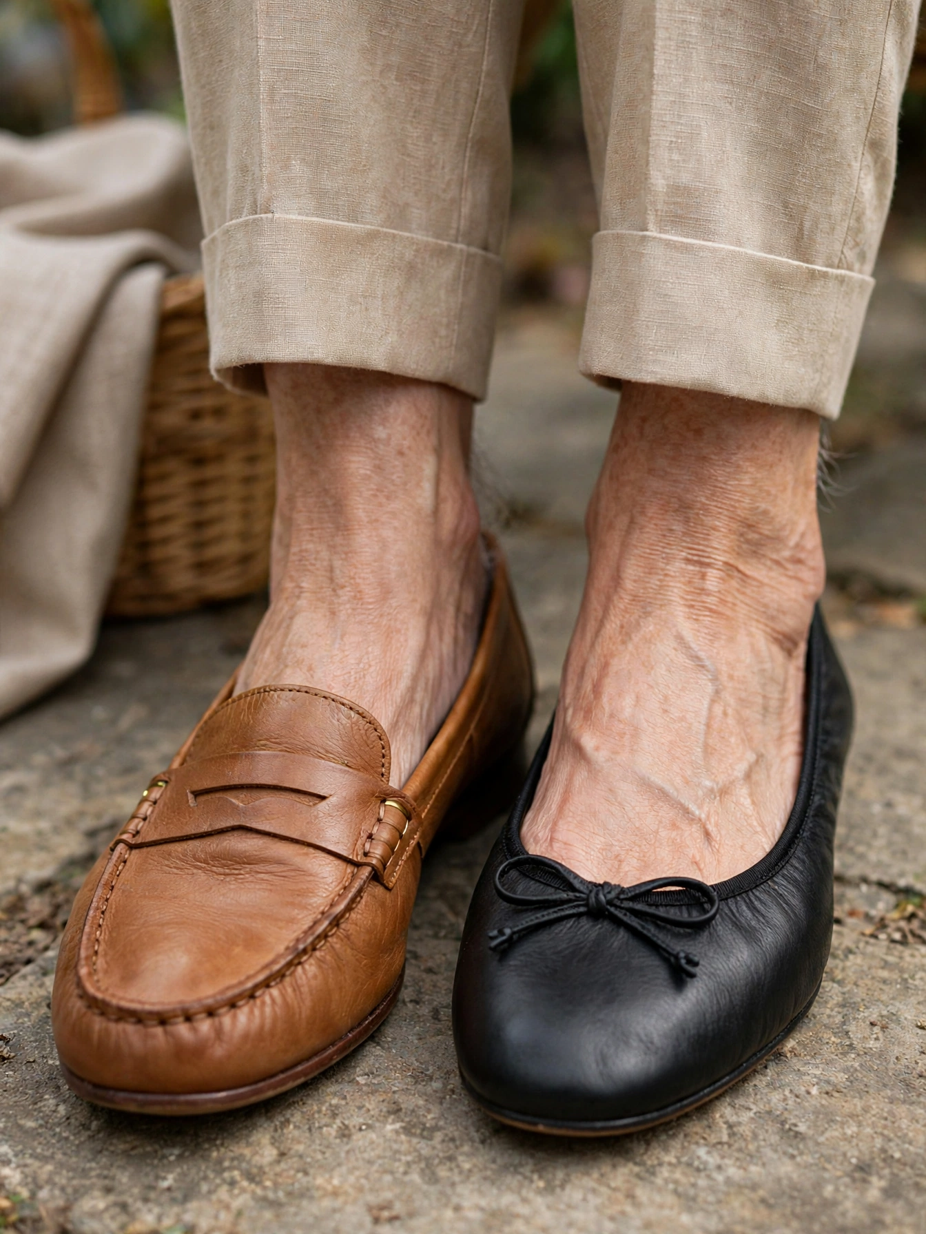 Comfortable elegant flats — loafers, ballet flats, or low block heels in quality leather.