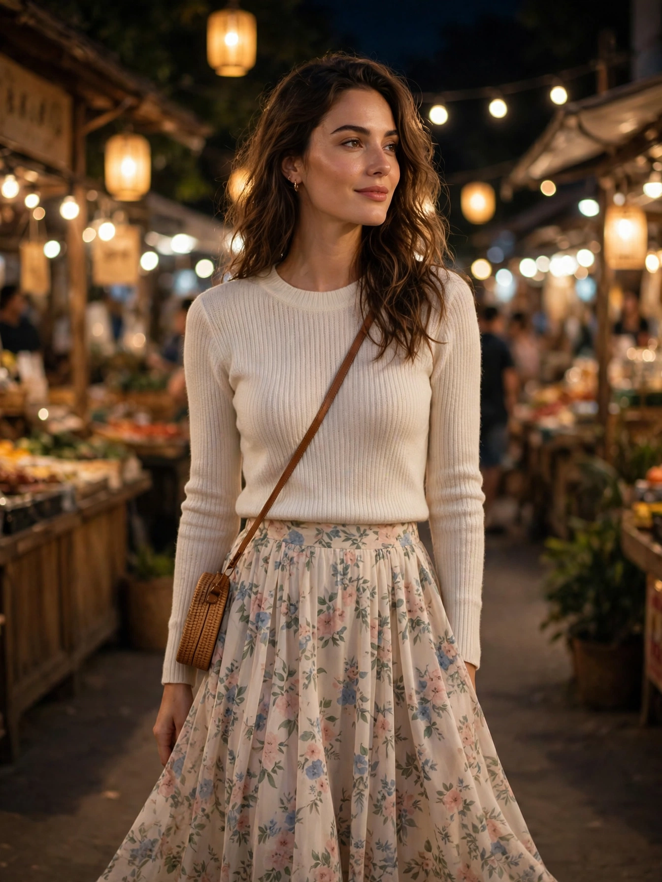 Midi skirt + knit top. A flowy midi skirt paired with a fitted knit top is romantic, comfortable, and works for everything from wine bars to night markets.