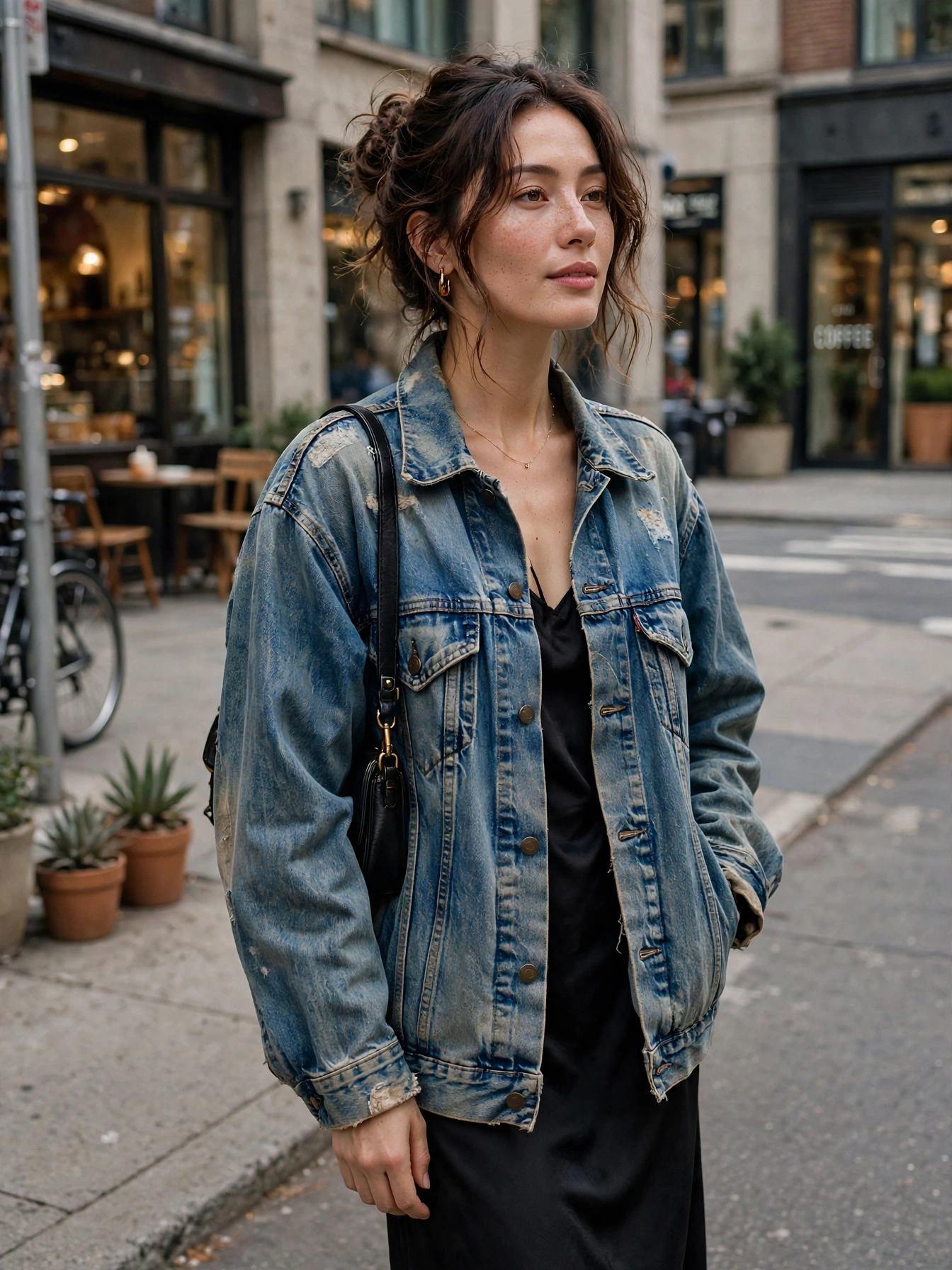The perfect denim jacket. Slightly oversized, broken in, endlessly layerable. Throw it over dresses, hoodies, or turtlenecks — it works with everything.