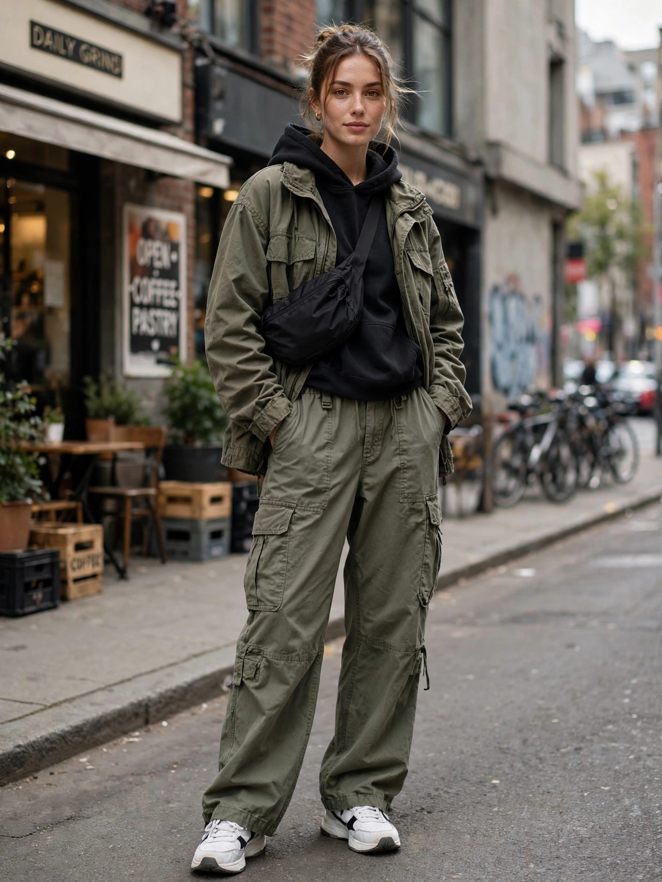 Cargo pants or utility trousers. The pockets are practical, the silhouette is relaxed, and they pair with sneakers or boots equally well.