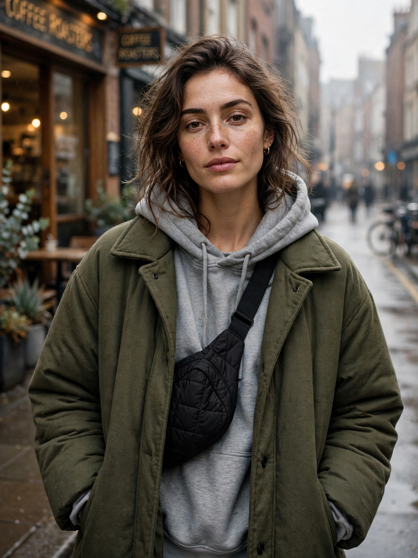 An oversized hoodie or sweatshirt. Layer it under a coat, tie it around your waist, or wear it solo with bike shorts — pure city comfort.