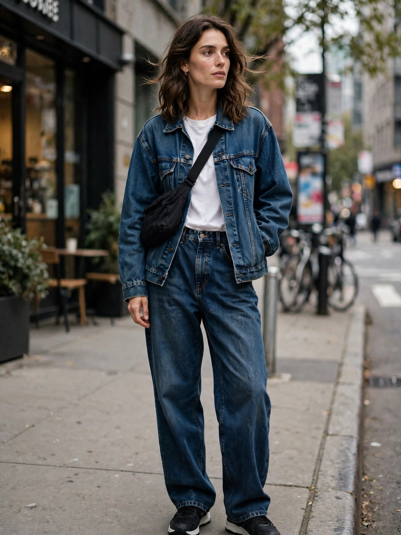 Straight-leg or baggy jeans. Dark wash for polish, light wash for weekend ease. The relaxed fit is the modern urban standard.