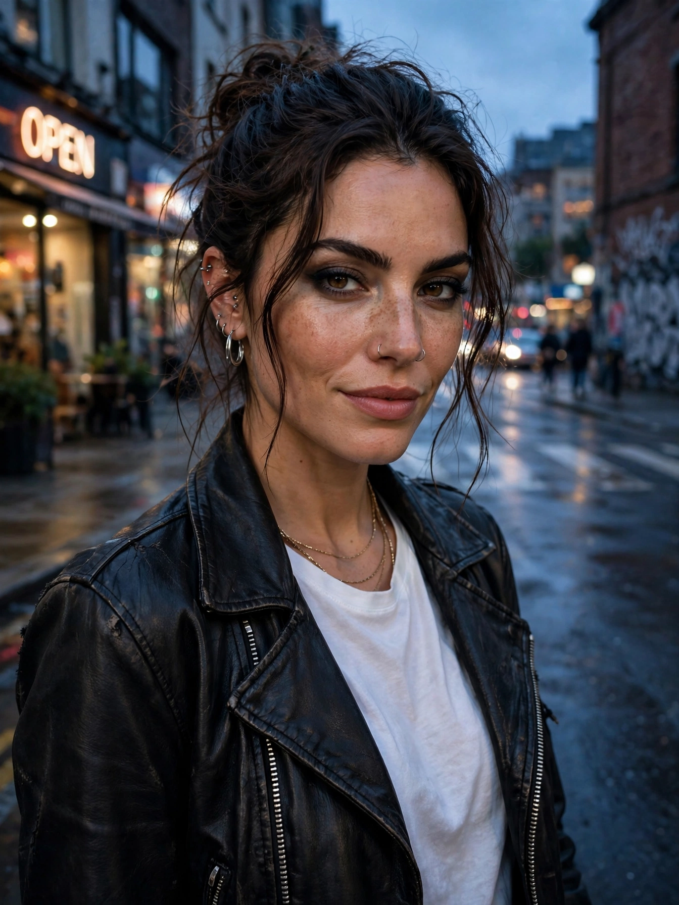 A leather or faux-leather jacket. Instant edge. It transforms basics into a look with attitude.