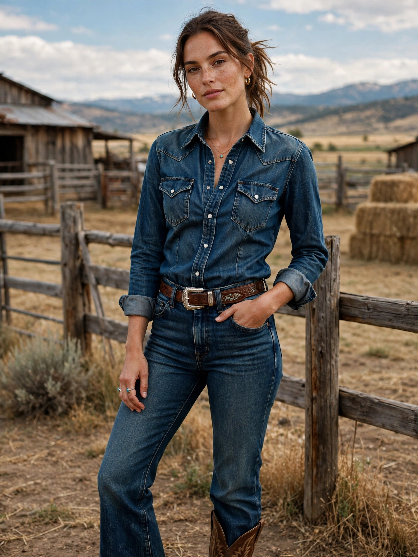Dark-wash bootcut or straight-leg jeans. The classic western denim silhouette. Look for a mid-to-high rise and a clean, dark rinse.